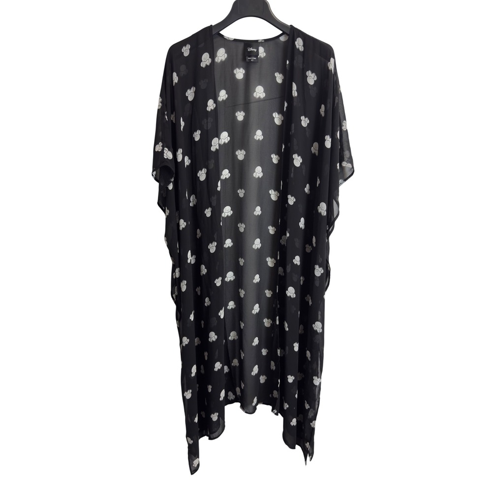 Disney Minnie Mouse Bow Print Chiffon Kimono Wrap Black Duster Longline 2X
